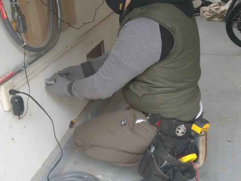 Electrician performing outlet wiring in a Lochearn garage